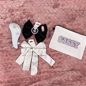 Sassy White Sparkle Cosmetic Pouch with Pink Accents bow Labubu handmade purple